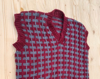 Vintage V Neck Patterned Vest / Burgundy and Grey Sweater Vest / Woven Sleeveless Pullover