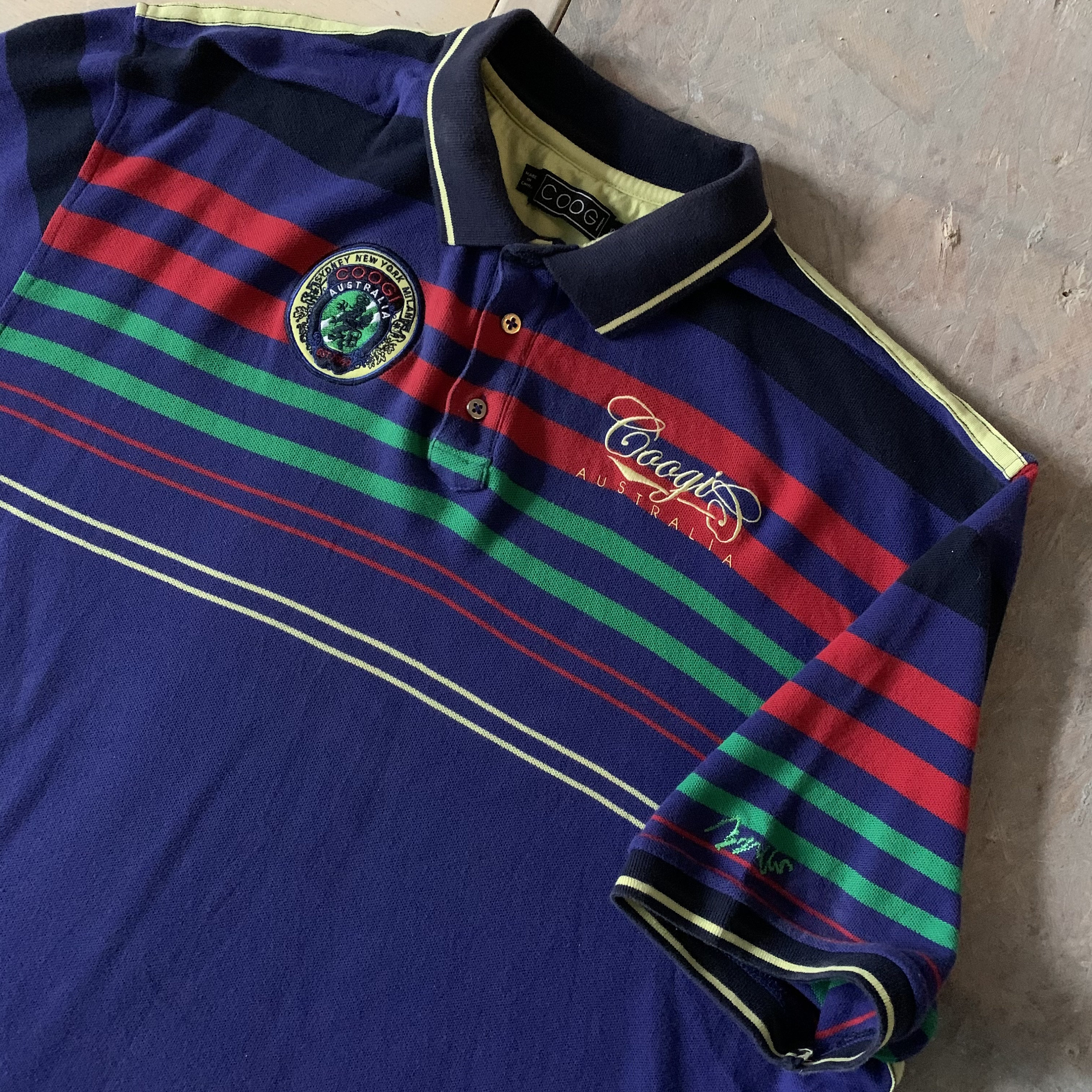 トップス 90s vintage coogi boarder polo shirt y2k Vintage Y2K COOGI AQUA Blue RAINBOW Stripe Streetwear Sneakers