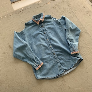 Vintage Denim Shirt / Cold Shoulder Denim Shirt / Embroidered / 90s / Western / Reworked Denim