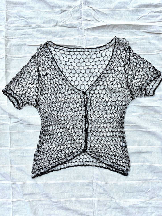 Vintage Crochet Short Sleeve Cardigan / Beaded Cr… - image 6
