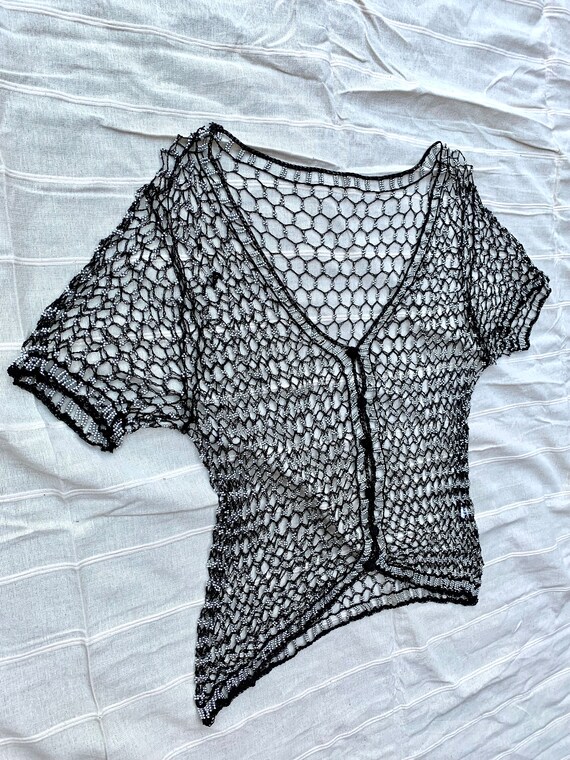 Vintage Crochet Short Sleeve Cardigan / Beaded Cr… - image 4