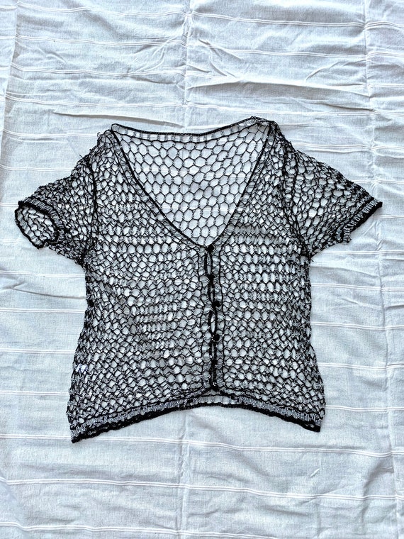 Vintage Crochet Short Sleeve Cardigan / Beaded Cr… - image 5