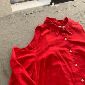 Reworked Cold Shoulder Twill Button Down / Red Cotton Button Up Shirt / Vintage Red Oxford
