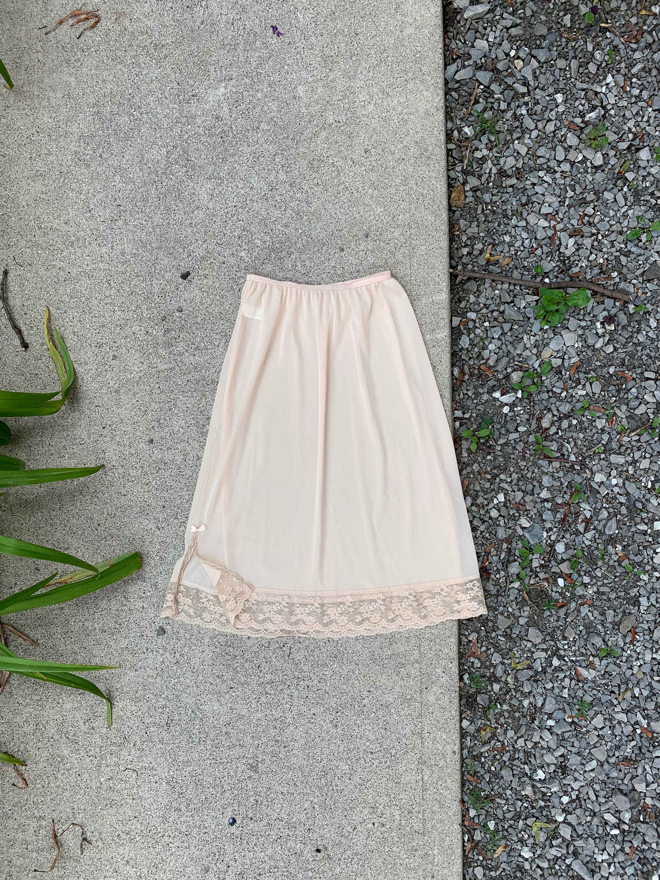 Beige Lace Trim Slip Skirt | Slip With Bow | Knee Length