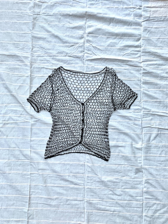 Vintage Crochet Short Sleeve Cardigan / Beaded Cr… - image 1