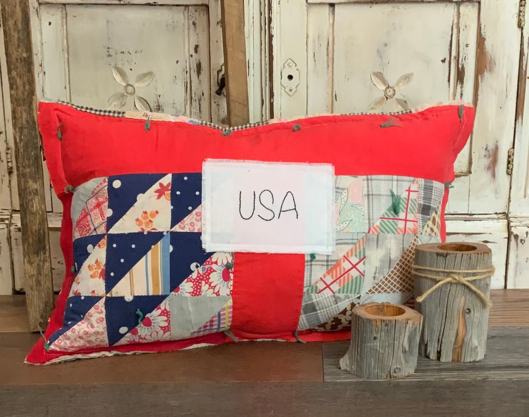 Patriotic Decorative Pillow Vintage Quilt Pillow Hand Made Pillow