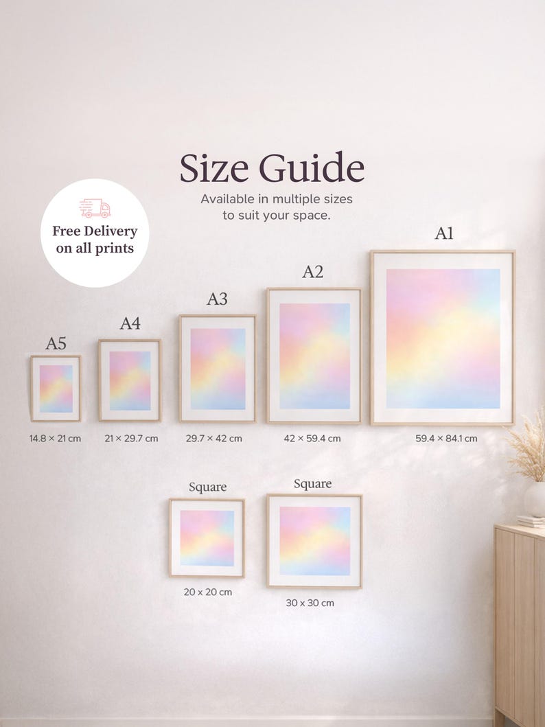 Pode incluir: Um guia de tamanhos exibe impress&otilde;es de arte emolduradas em v&aacute;rios tamanhos, incluindo A1 (59,4 x 84,1 cm), A2, A3, A4, A5 e formatos quadrados (20 x 20 cm, 30 x 30 cm). Cada impress&atilde;o apresenta um gradiente de cores pastel.