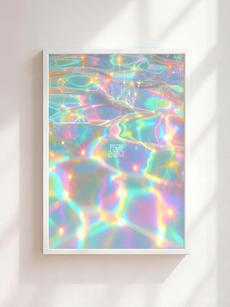 May include: A framed art print featuring an abstract, iridescent design. The artwork depicts a shimmering, water-like surface with vibrant hues of blue, green, and yellow, and the text "PISCES ENERGY". The print is encased in a white frame.