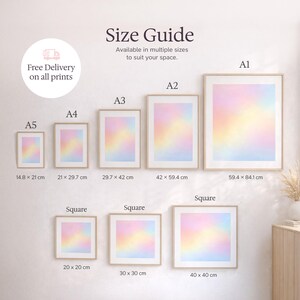 May include: A size guide displays framed art prints in various sizes, including A1 (23.4 x 33.1 inches), A2, A3, A4, A5, and square formats. Each print features a soft, pastel color gradient. The text "Free Delivery on all prints" is also visible.