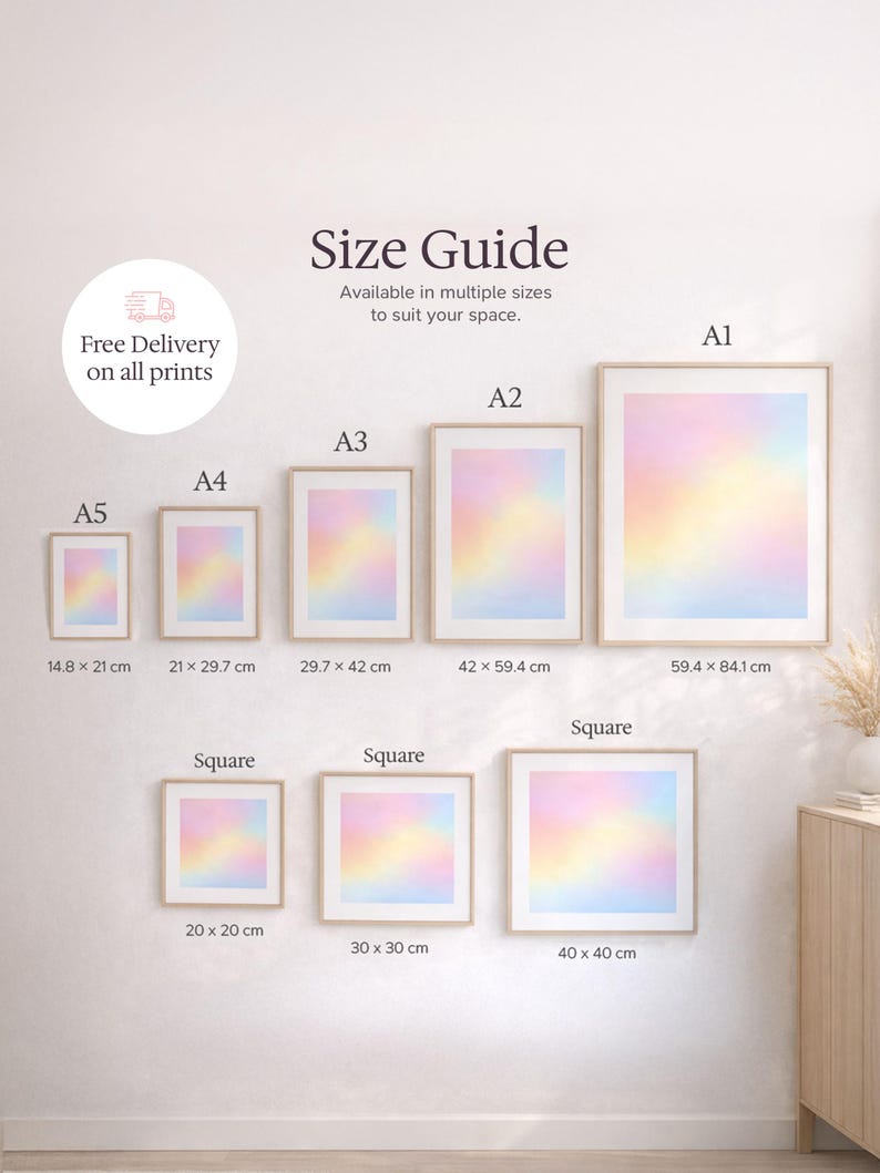 May include: A size guide displays framed art prints in various sizes, including A1 (23.4 x 33.1 inches), A2, A3, A4, A5, and square formats. Each print features a soft, pastel color gradient. The text "Free Delivery on all prints" is also visible.