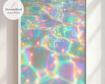 May include: A framed print with a dreamy, iridescent water effect in shades of teal, pink, and yellow. The print has the text "MESSSAD AURA" and "Personalised Aura Print" in white. The image is framed in a white border.