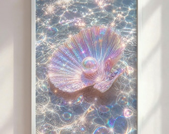 May include: A framed print featuring a shimmering seashell with a pearl resting inside. The shell has iridescent colors of pink, purple, and gold. The background shows sparkling water with light reflections, creating a dreamy, ethereal aesthetic.
