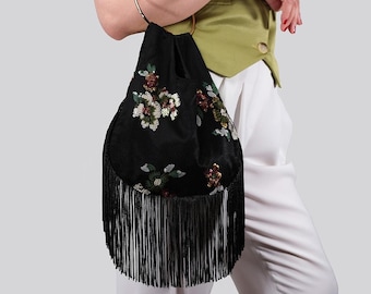 Sac à main à franges florales fait main, pochette cocktail à sequins noirs, sac de soirée à anse dorée, élégant sac de soirée, sac pour occasions spéciales