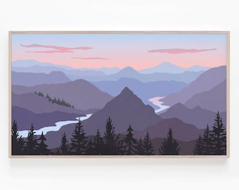 Samsung Frame TV Art 4K, Abstrakte Landschaftskunst, Berge Digitaler Download Kunst für The Frame TV, minimalistischer Sonnenuntergang Fluss Bäume Landschaft