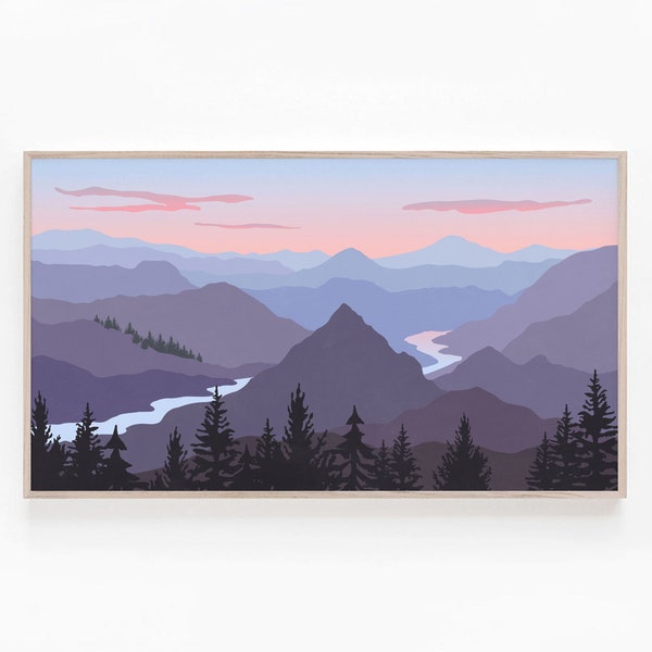 Samsung Frame TV Art 4K, Abstract Landscape Art, Mountains Digital Download Art for The Frame TV, Minimalist Sunset River Trees Landscape