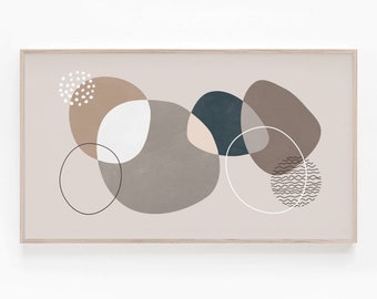 May include: Abstract art print with a beige background and overlapping circles in shades of brown, beige, and blue. The circles have various patterns, including dots, lines, and waves.