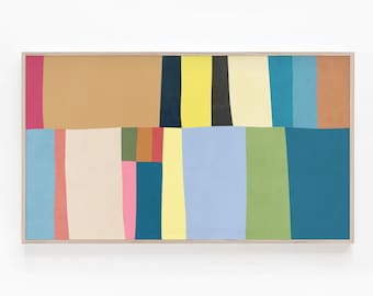 May include: Abstract art print with a colorful geometric pattern in shades of yellow, blue, green, pink, and brown. The print is framed in a light wood frame.