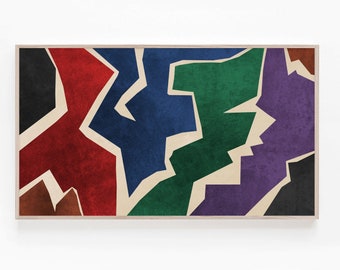 May include: Abstract art print with a geometric design in shades of red, blue, green, purple, and brown. The print features a variety of shapes and patterns, creating a visually interesting and modern piece.