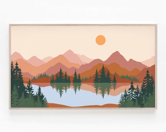 Samsung Rahmen TV Kunst Bergsee Baum Szene, Terrakotta Abstrakte Landschaft Kunst für The Frame TV, Mid Century Modern Art, digitaler Download