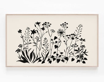 Ilustración botánica en beige y negro para TV Samsung Frame, boceto floral, arte de granja moderno, flores silvestres, Samsung Frame TV Art 4K