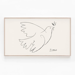 Puede incluir: Un dibujo en blanco y negro de una paloma que lleva una rama de olivo en su pico. El dibujo está firmado "Picasso" en la esquina inferior derecha.