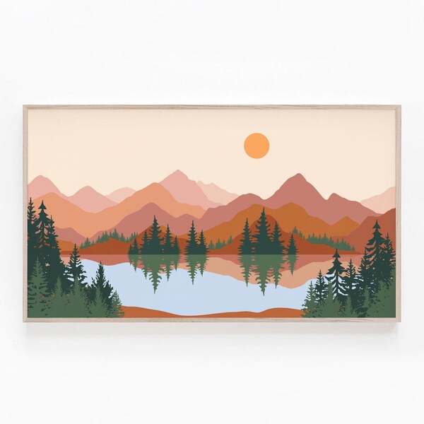 Samsung Frame TV Art Mountain Lake Tree Scene, Art abstrait du paysage en terre cuite pour le cadre TV, Art moderne du milieu du siècle, téléchargement numérique