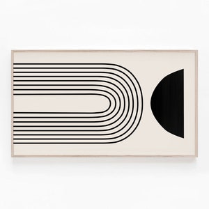 Può includere: Una stampa d'arte astratta in bianco e nero con una serie di linee curve che formano una forma ad arco e un semicerchio nero sul lato destro dell'immagine.