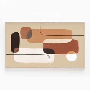 Op de afbeelding: Abstracte kunstprint met geometrische vormen in tinten van bruin, beige en wit. De vormen zijn gelaagd en overlappen elkaar, waardoor een modern en minimalistisch ontwerp ontstaat.