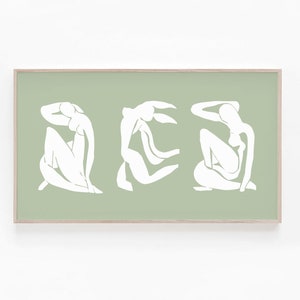 Puede incluir: Tres siluetas blancas de figuras en varias poses sobre un fondo verde claro. Las figuras son estilizadas y abstractas, que recuerdan la obra de un artista famoso.