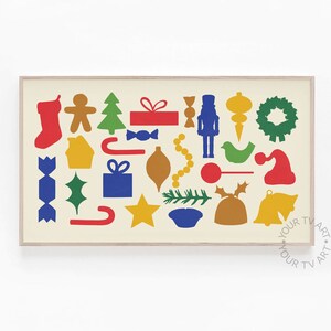 May include: A colorful Christmas print with a variety of holiday icons, including a stocking, gingerbread man, Christmas tree, candy cane, presents, ornaments, a nutcracker, a bird, a bell, and a wreath. The icons are arranged in a random pattern on a cream background.