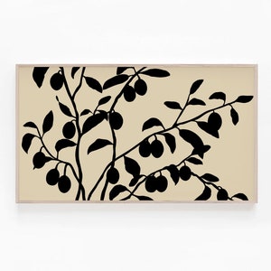 May include: A black silhouette of a branch with leaves and fruit against a beige background.