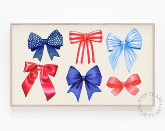 Arte para TV con marco Samsung del 4 de julio, lazos azules, rojos y blancos, decoración para TV con marco Samsung del 4 de julio, Día de la Independencia, descarga digital