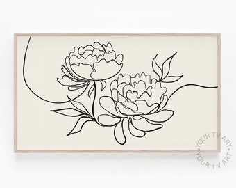 Arte neutro para TV con marco Samsung, arte lineal de peonías, dibujo minimalista de una sola línea, arte botánico moderno para TV con marco Samsung, descarga digital