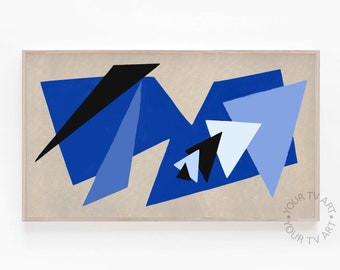 May include: Abstract geometric art print with a blue, black, and white color scheme. The print features a variety of shapes and sizes, creating a dynamic and modern design.