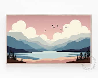 Samsung Rahmen TV Kunst Bergsee Bäume Landschaft, Samsung Rahmen TV Kunst Mid Century Modern, Minimal Landschaft Natur 4k Art Digital Download