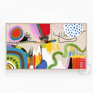Puede incluir: Impresión de arte abstracto con un diseño colorido que presenta un arcoíris, círculos, puntos y líneas onduladas sobre un fondo beige.