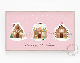 Samsung Frame TV Art Christmas, Pink Gingerbread House Art for The Samsung Frame TV, Pink Christmas Decor, Digital Download