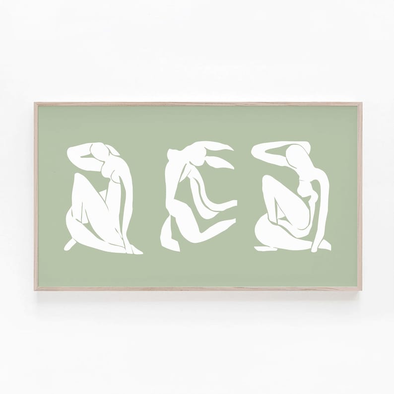 Puede incluir: Tres siluetas blancas de figuras en varias poses sobre un fondo verde claro. Las figuras son estilizadas y abstractas, que recuerdan la obra de un artista famoso.