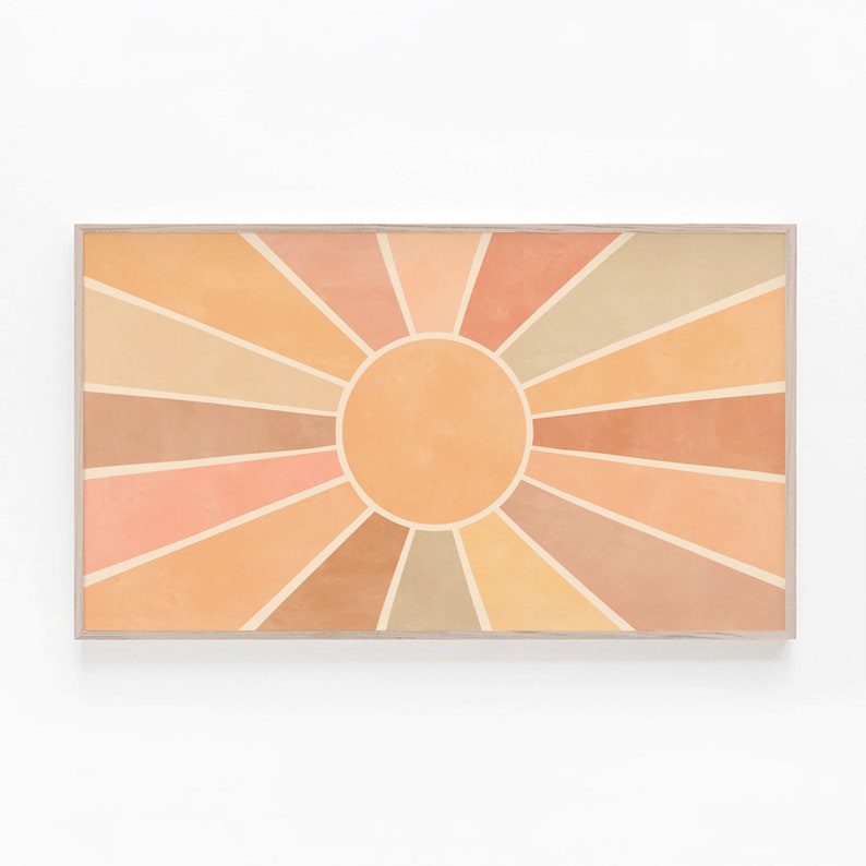 Puede incluir: Una impresi&oacute;n de arte digital de un sol estilizado con un dise&ntilde;o geom&eacute;trico en tonos naranja, melocot&oacute;n y beige. El sol est&aacute; rodeado por un marco.