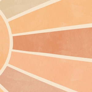 Puede incluir: Dise&ntilde;o abstracto de rayos de sol con un sol circular en el centro y l&iacute;neas radiantes en tonos naranja, melocot&oacute;n y beige.