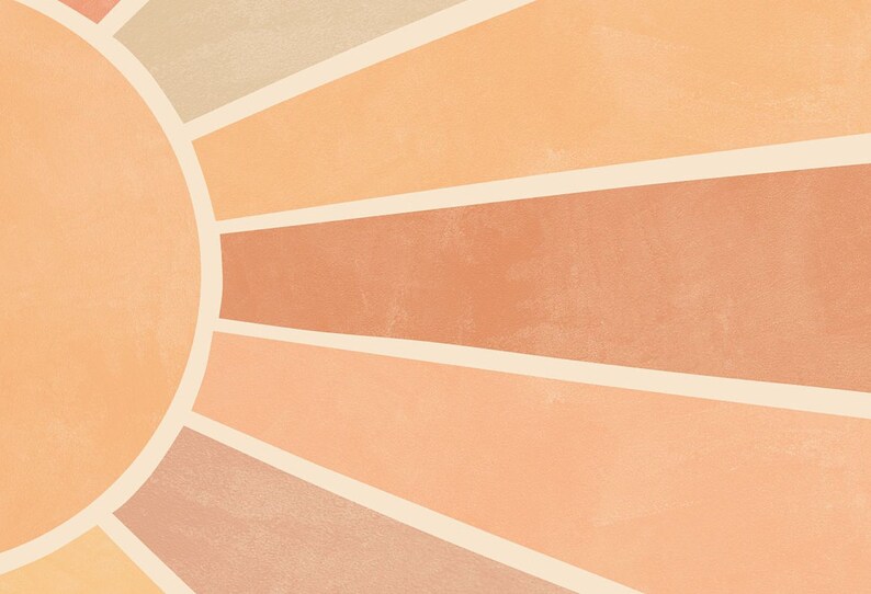 Puede incluir: Dise&ntilde;o abstracto de rayos de sol con un sol circular en el centro y l&iacute;neas radiantes en tonos naranja, melocot&oacute;n y beige.