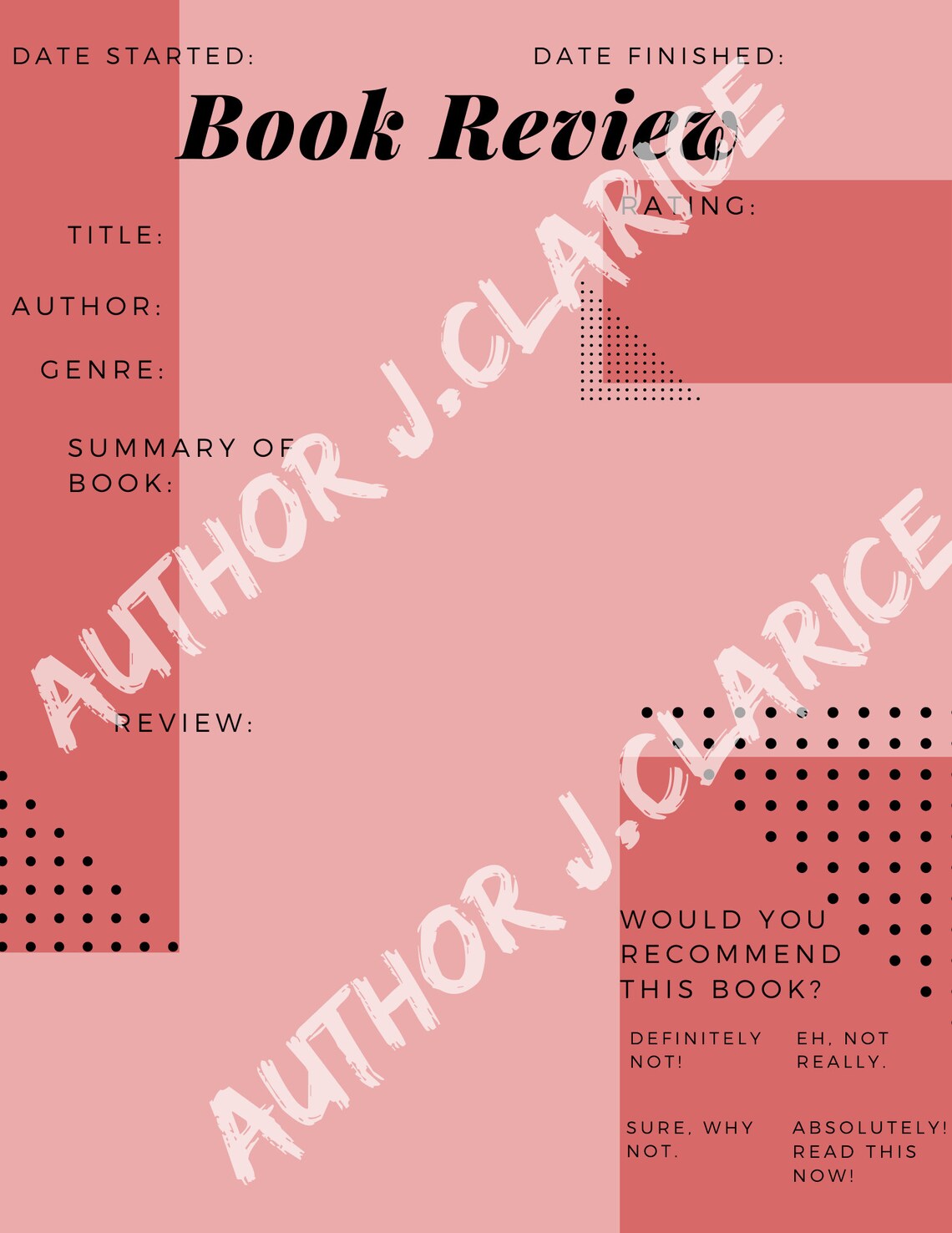 Aesthetic Downloadable Book Review Templates Etsy