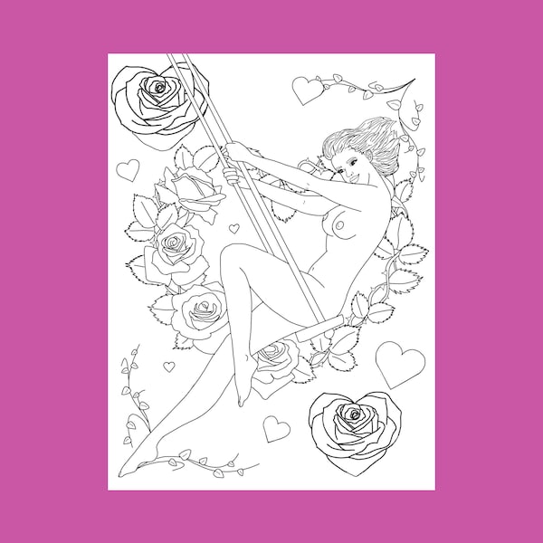 Swing erotic coloring pages,  Digital art print, roses line art, sexy digital download, Sex Positive Bedroom decor, Adult coloring