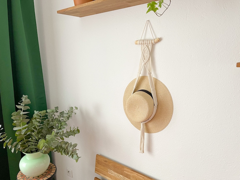 3-tlg. Makramee-Hutaufhänger Set – Boho Hut Organizer Für Wand, Aus Baumwolle & Kiefernholz, Weiß
