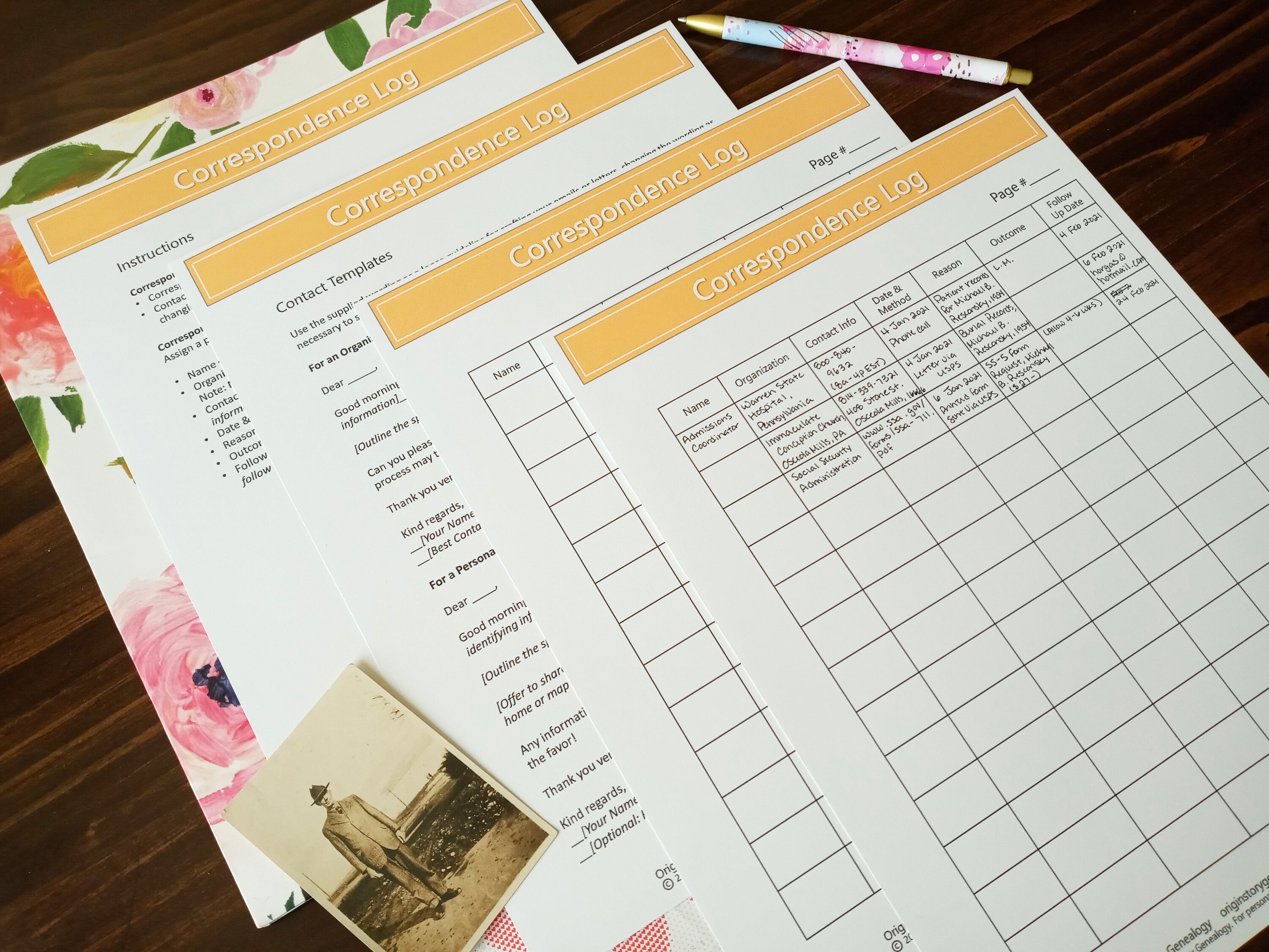 Correspondence Log Printable PDF for Genealogy and Family History