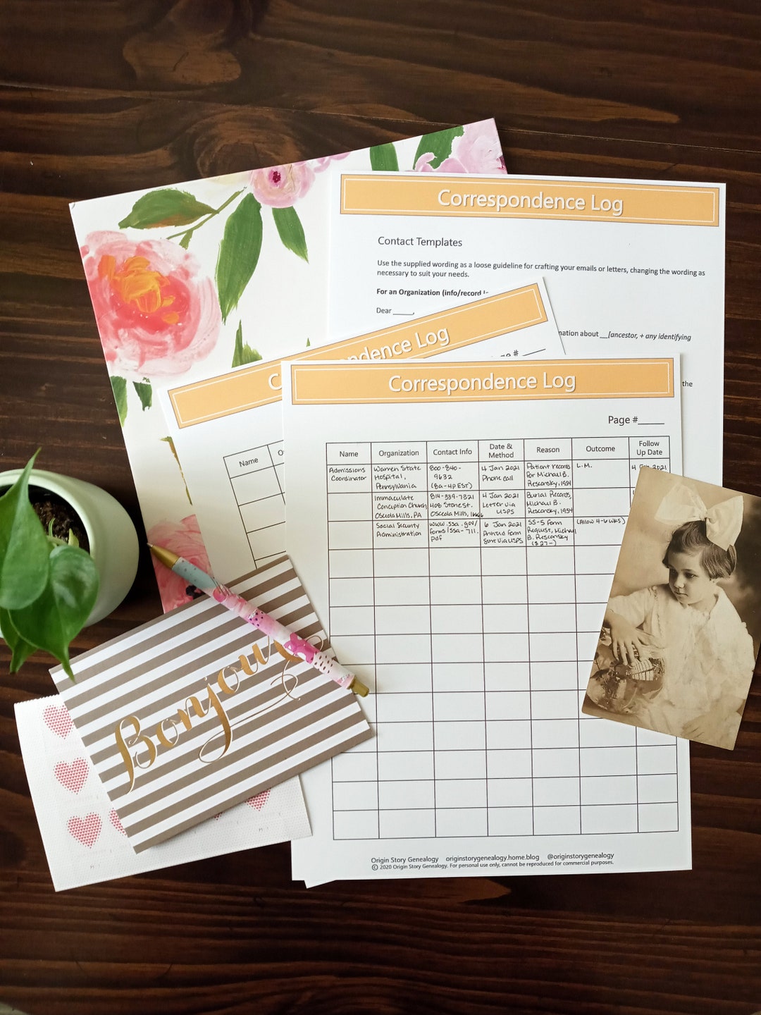 Correspondence Log Printable PDF for Genealogy and Family History