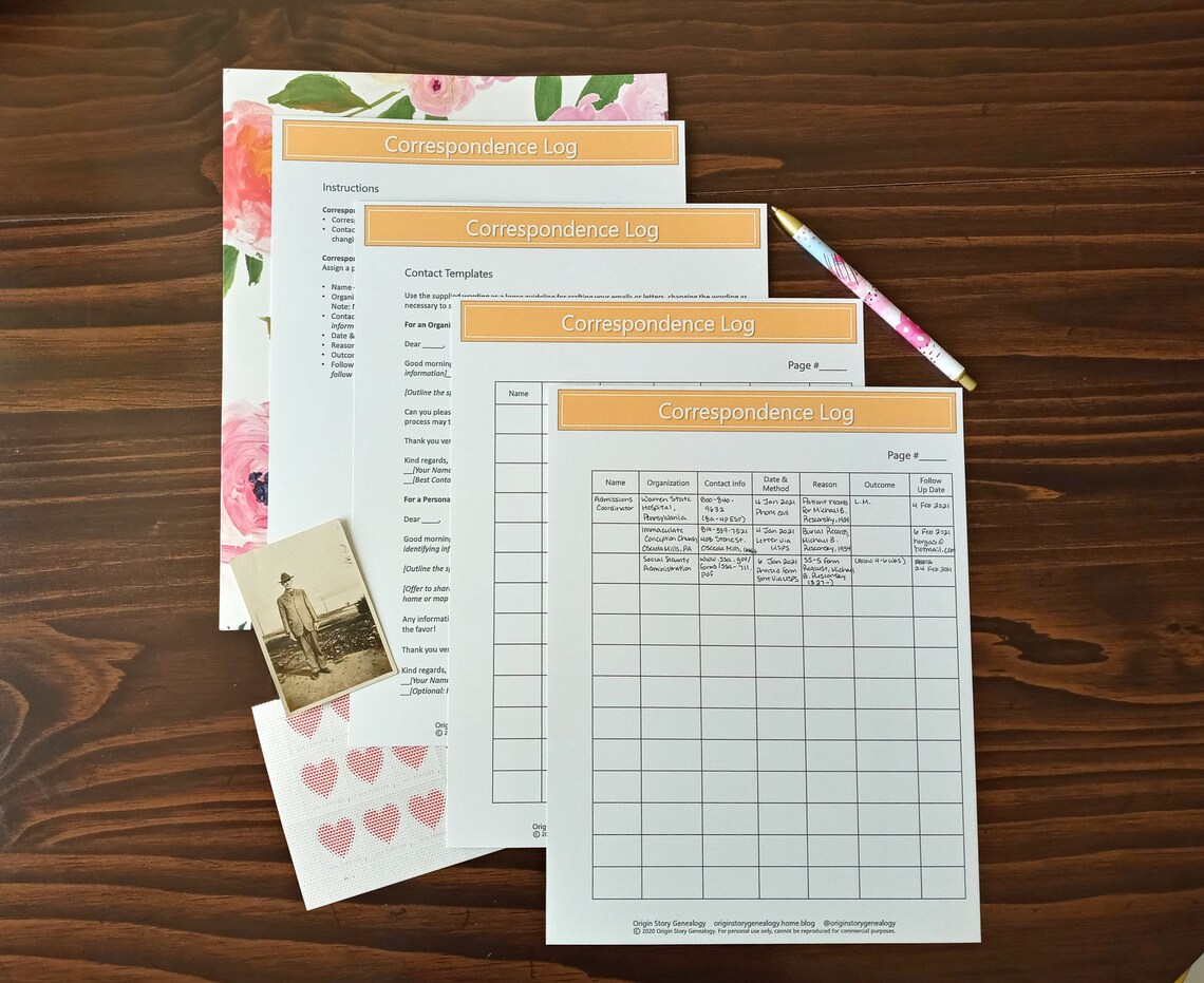 Correspondence Log Printable PDF for Genealogy and Family History
