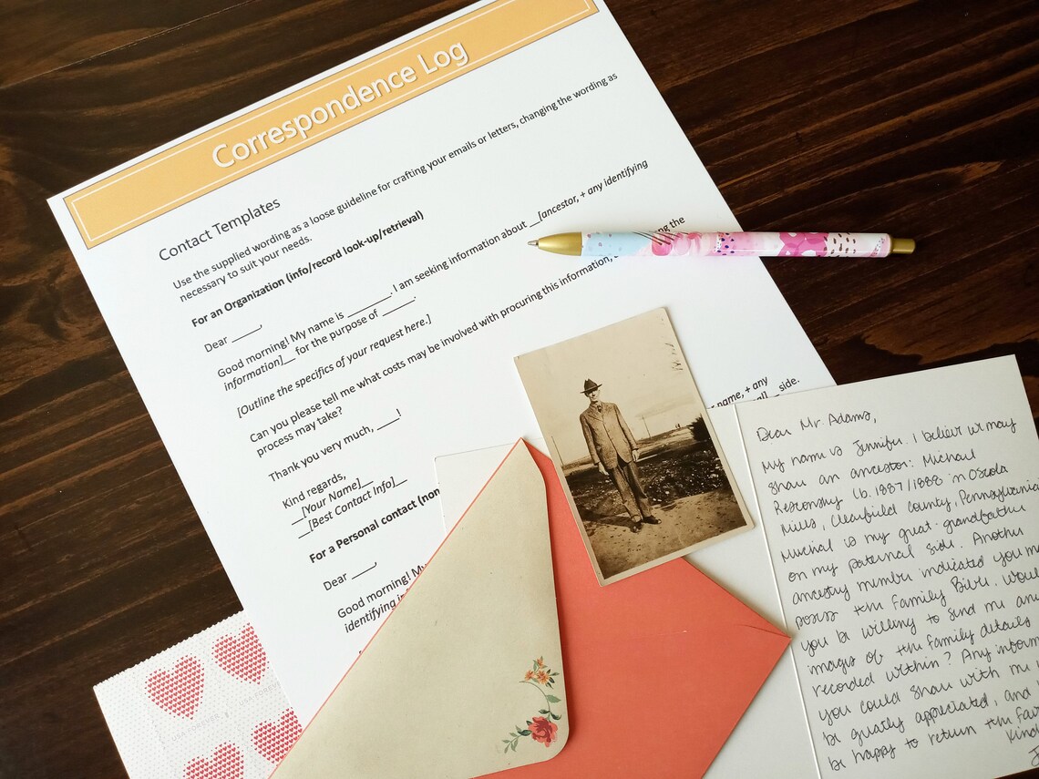 Correspondence Log Printable PDF for Genealogy and Family History