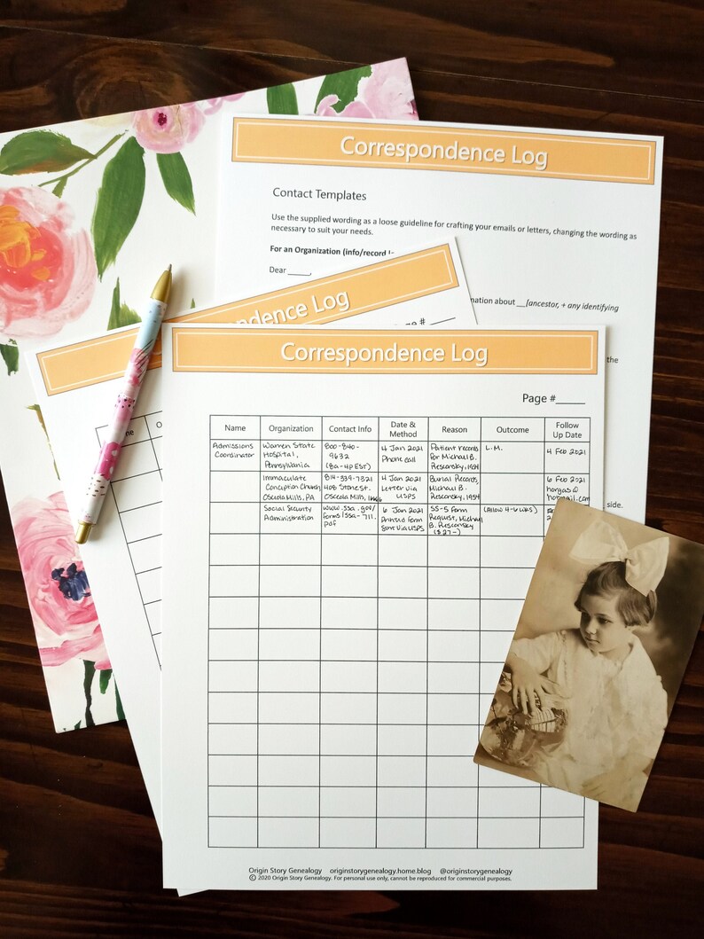 Correspondence Log Printable PDF for Genealogy and Family History