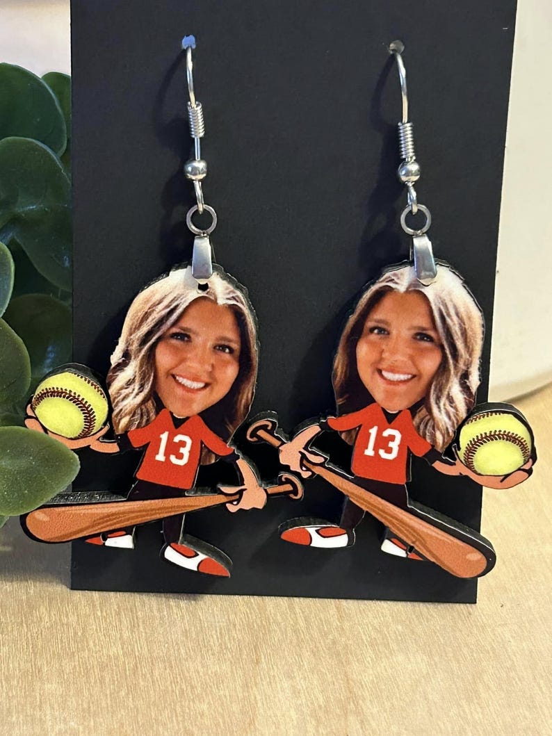 Baseball, Softball, Custom Baseball Earrings, Softball Earrings, Custom Caricature Baseball, Baseball Keychain, Softball Keychain image 7